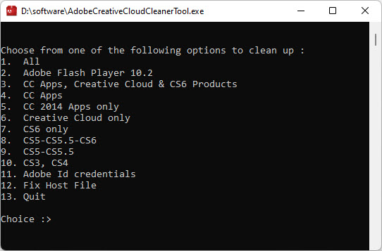 choose from number for resolve issue or remove adobe cc product