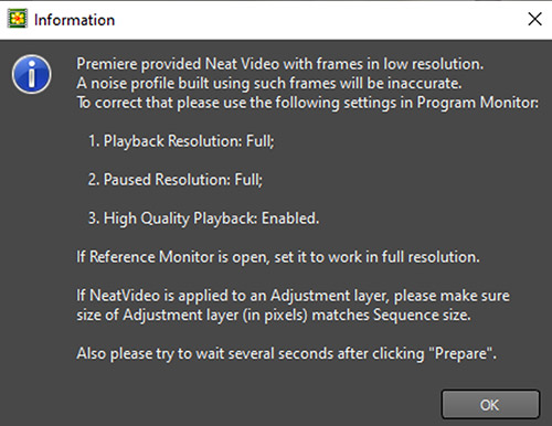 چرا پلاگین Neat Video در پریمیر پرو خطای inforametion frame in low resolution نمایش میدهد؟