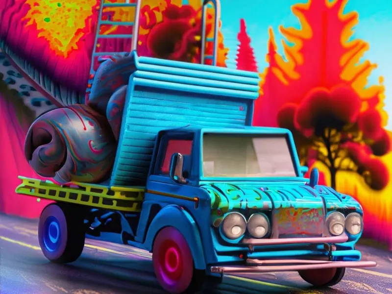 a blue colored toy truck with a ladder and psychedelic textures of neon red and yello CsBLnYmCD2