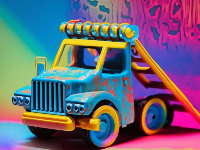 a blue colored toy truck with a ladder and psychedelic textures of neon red and yellow