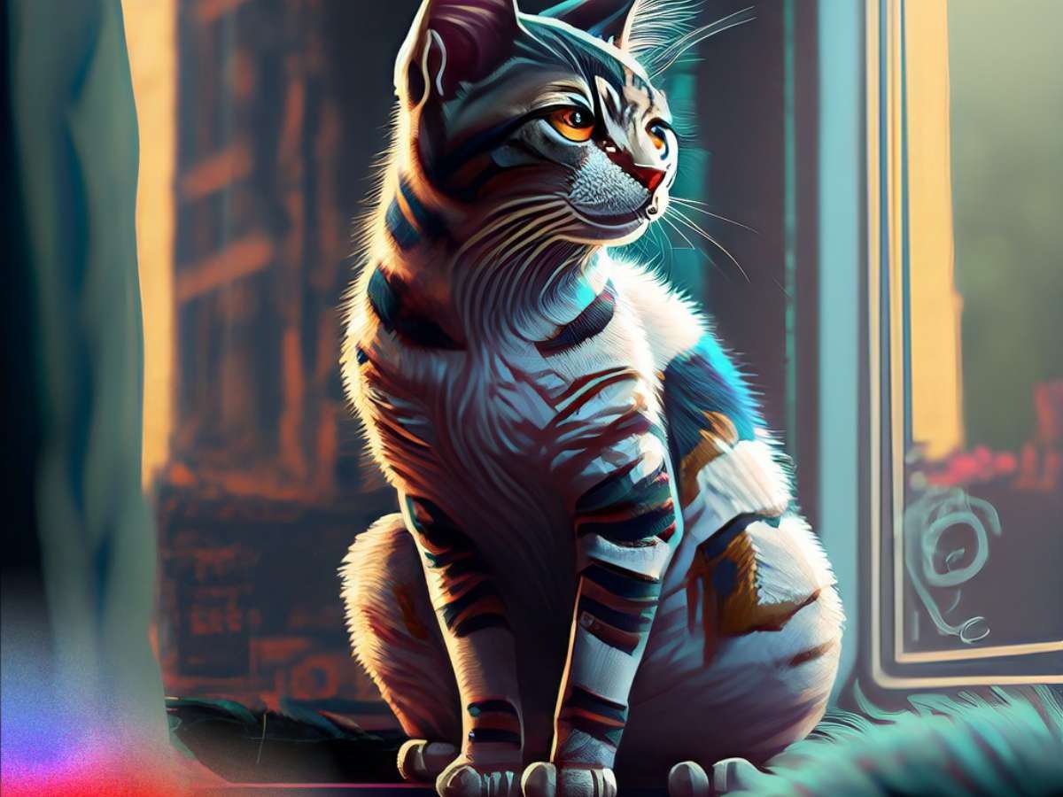 a cat with bold stripes a digital painting 2 colors sitting by the window shallow dep 2GjVmXrt3x