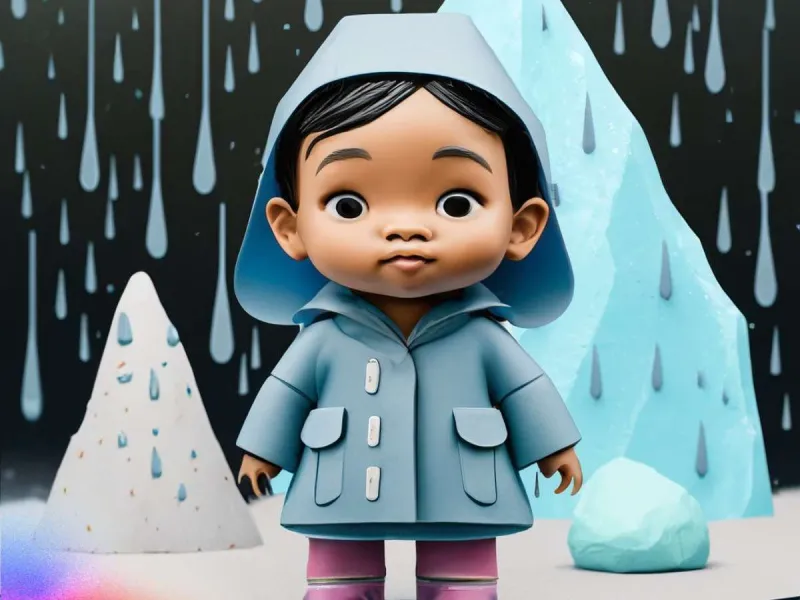 clay art a little girl wearing a raincoat standing in the rain with a backdrop of an iceberg