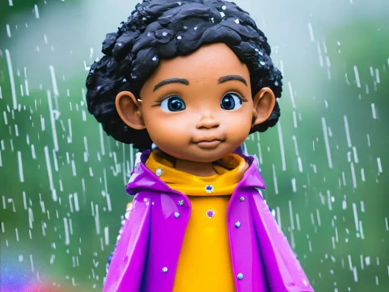 clay art a little girl wearing a raincoat standing in the rain